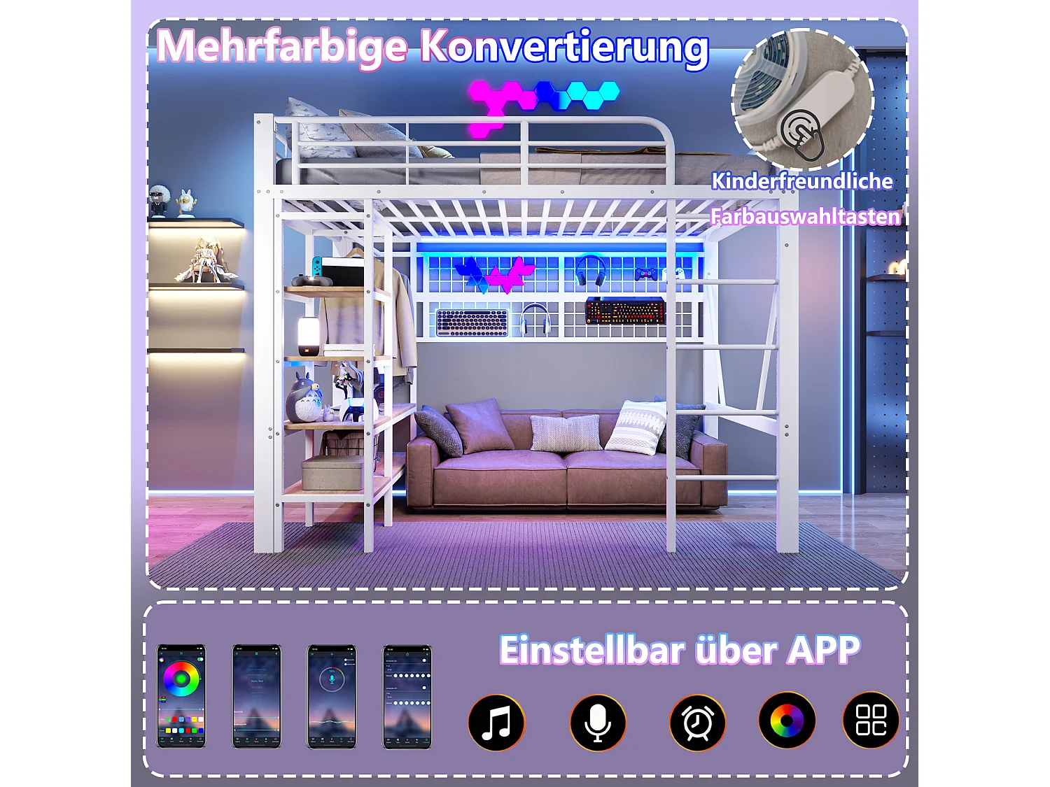 Lit mezzanine enfant - 140 x 200 cm - structure en fer - avec étagère de rangement + tringle à vêtements + Leds - métal - blanc