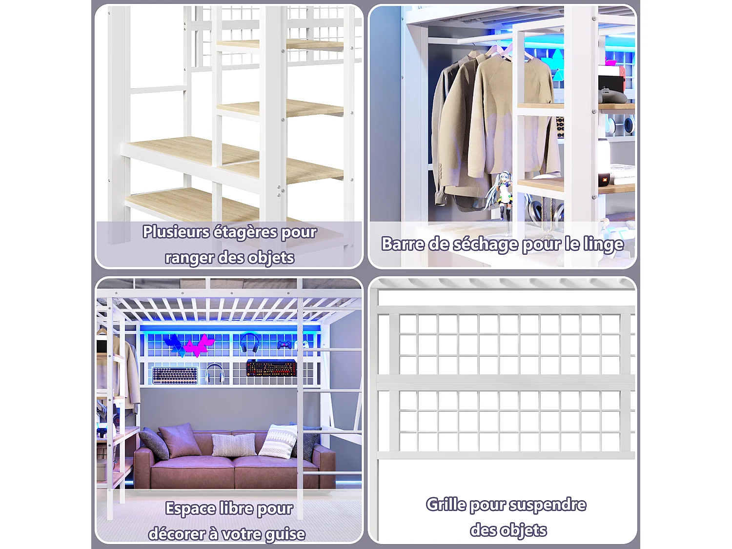 Lit mezzanine enfant - 140 x 200 cm - structure en fer - avec étagère de rangement + tringle à vêtements + Leds - métal - blanc