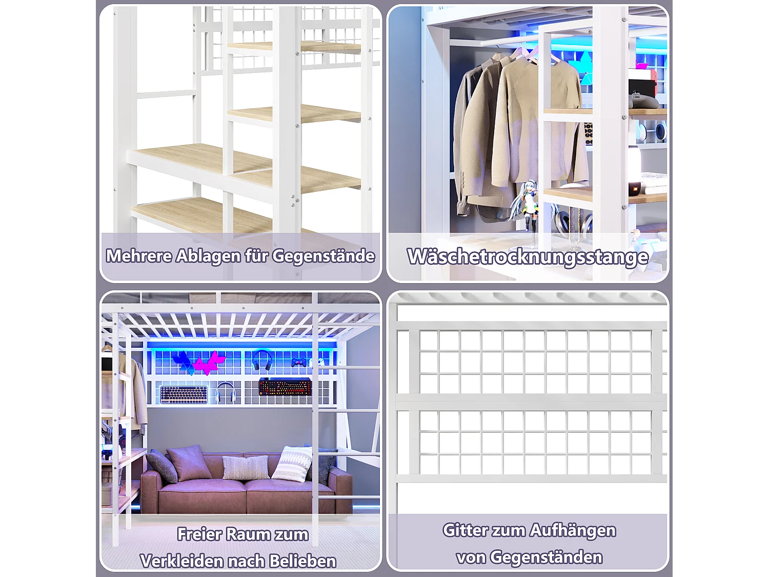 Lit mezzanine enfant - 140 x 200 cm - structure en fer - avec étagère de rangement + tringle à vêtements + Leds - métal - blanc