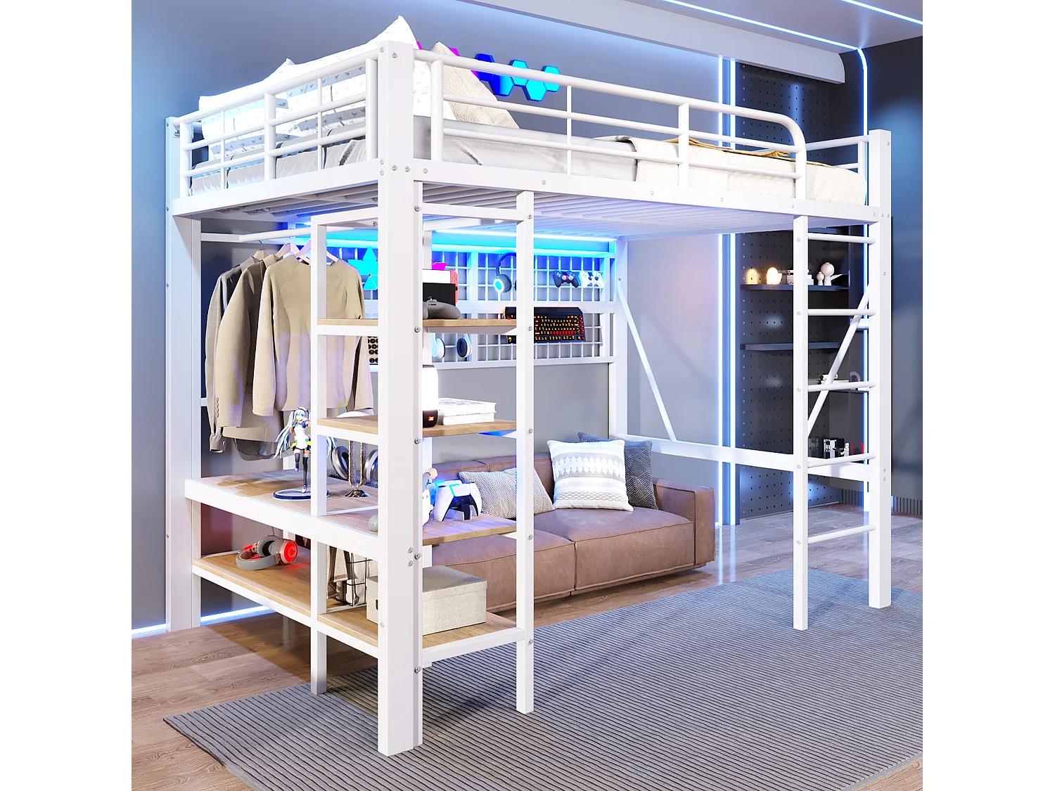 Lit mezzanine enfant - 140 x 200 cm - structure en fer - avec étagère de rangement + tringle à vêtements + Leds - métal - blanc