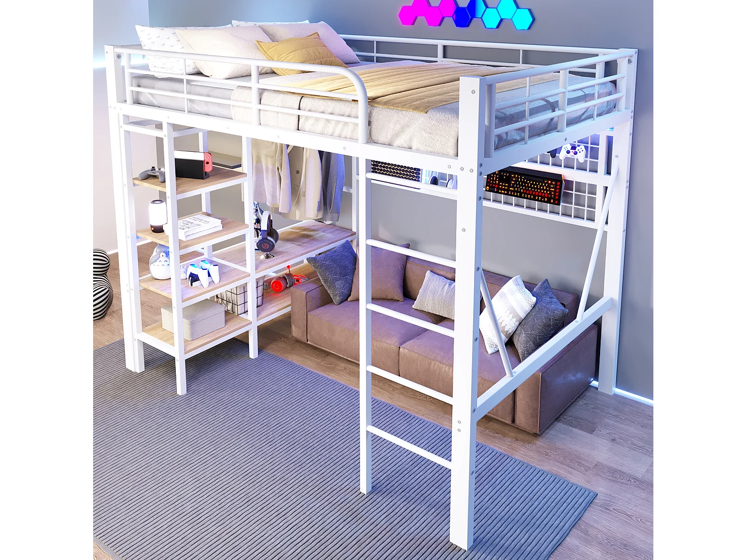 Lit mezzanine enfant - 140 x 200 cm - structure en fer - avec étagère de rangement + tringle à vêtements + Leds - métal - blanc