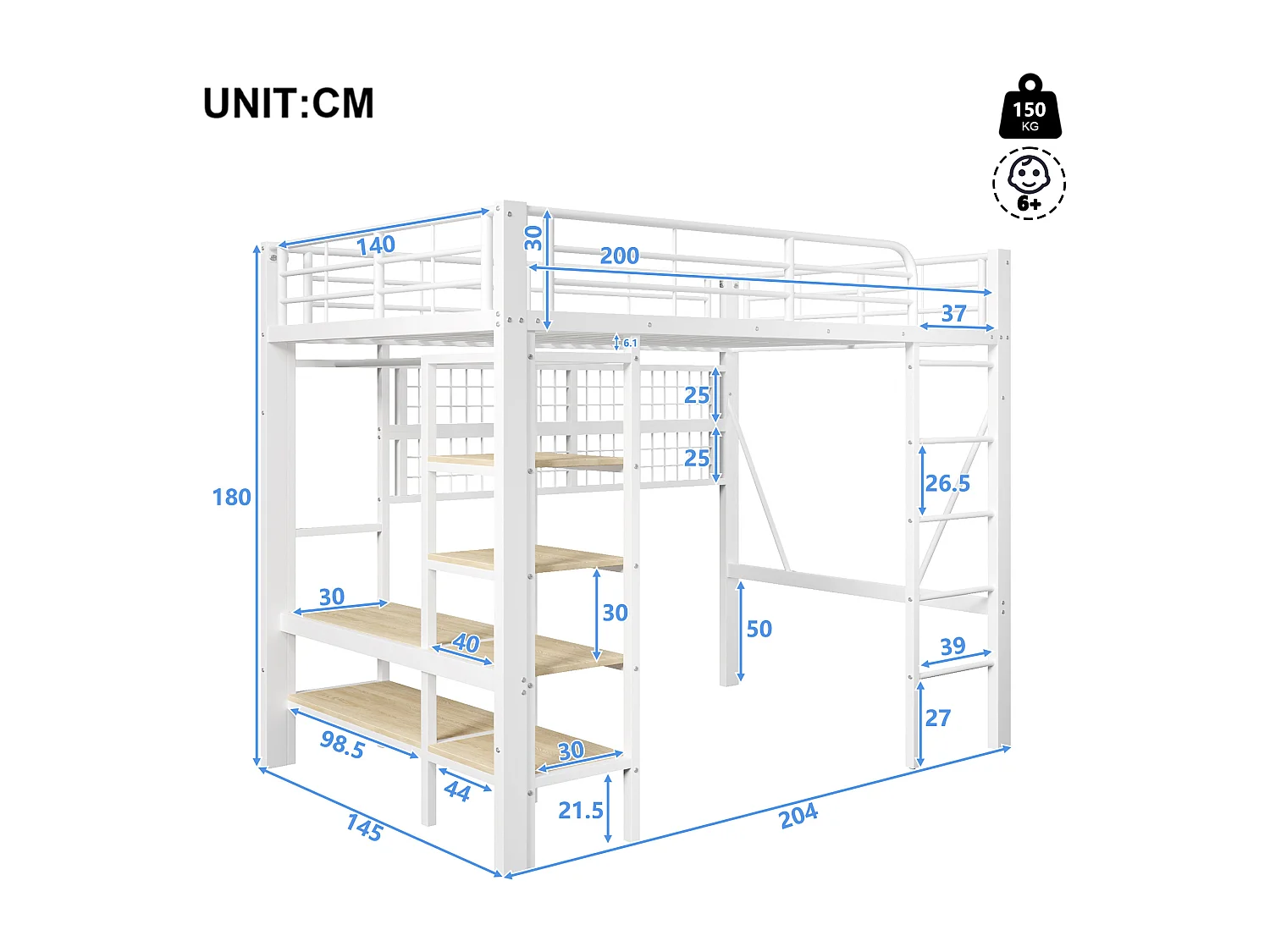 Lit mezzanine enfant - 140 x 200 cm - structure en fer - avec étagère de rangement + tringle à vêtements + Leds - métal - blanc