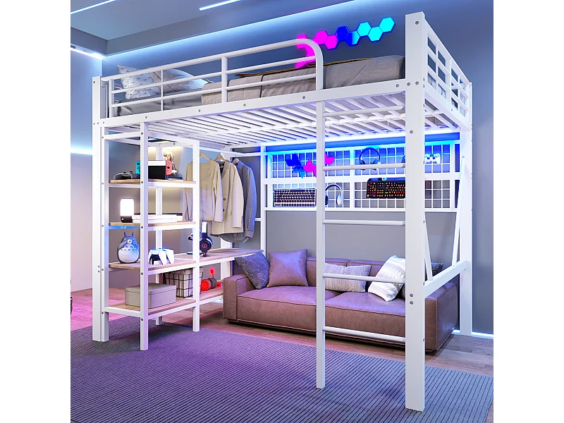 Lit mezzanine enfant - 140 x 200 cm - structure en fer - avec étagère de rangement + tringle à vêtements + Leds - métal - blanc