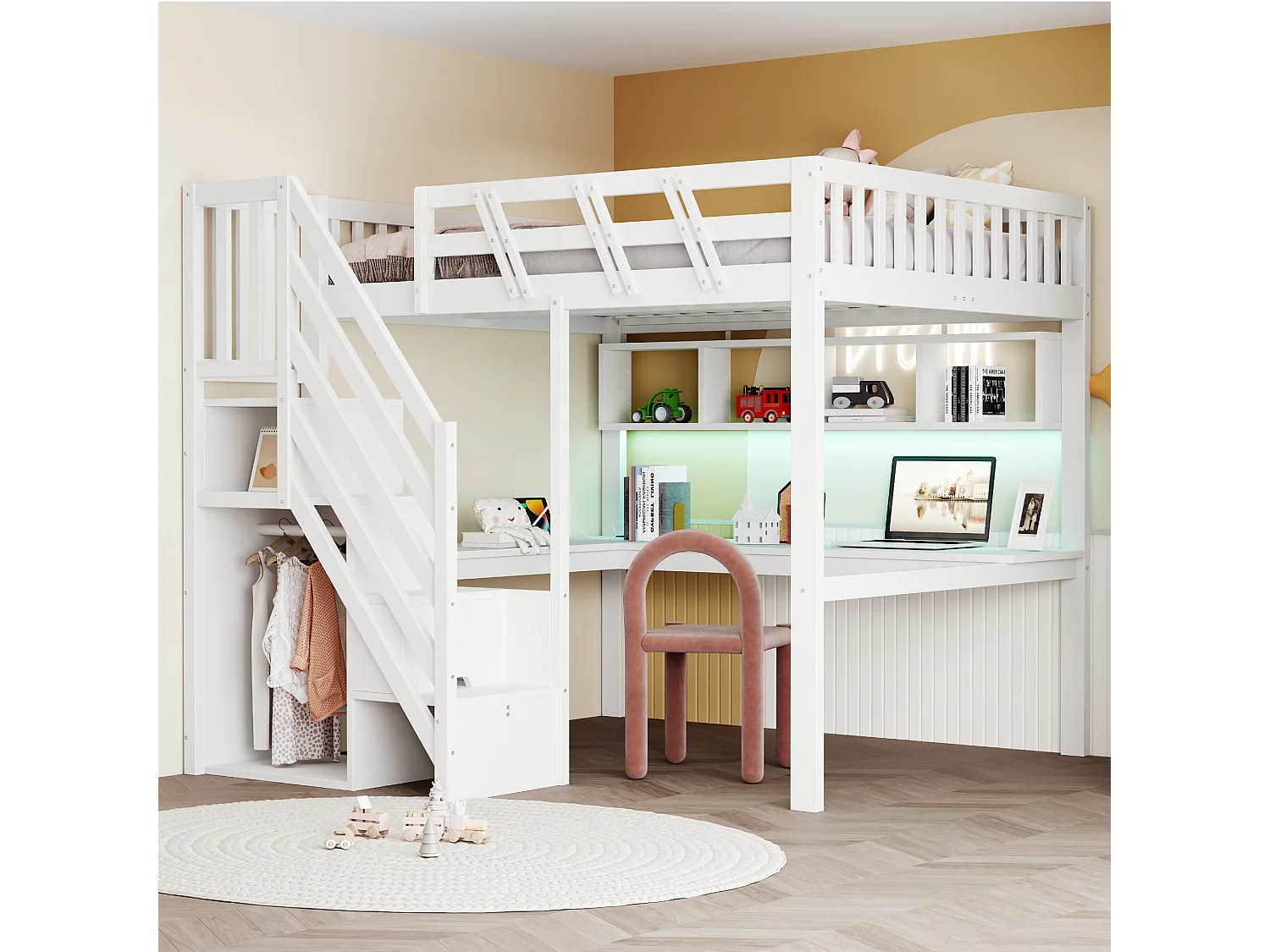 Lit mezzanine enfant - 140 x 200 cm - avec escalier de rangement + bureau + USB + Leds - bois - blanc