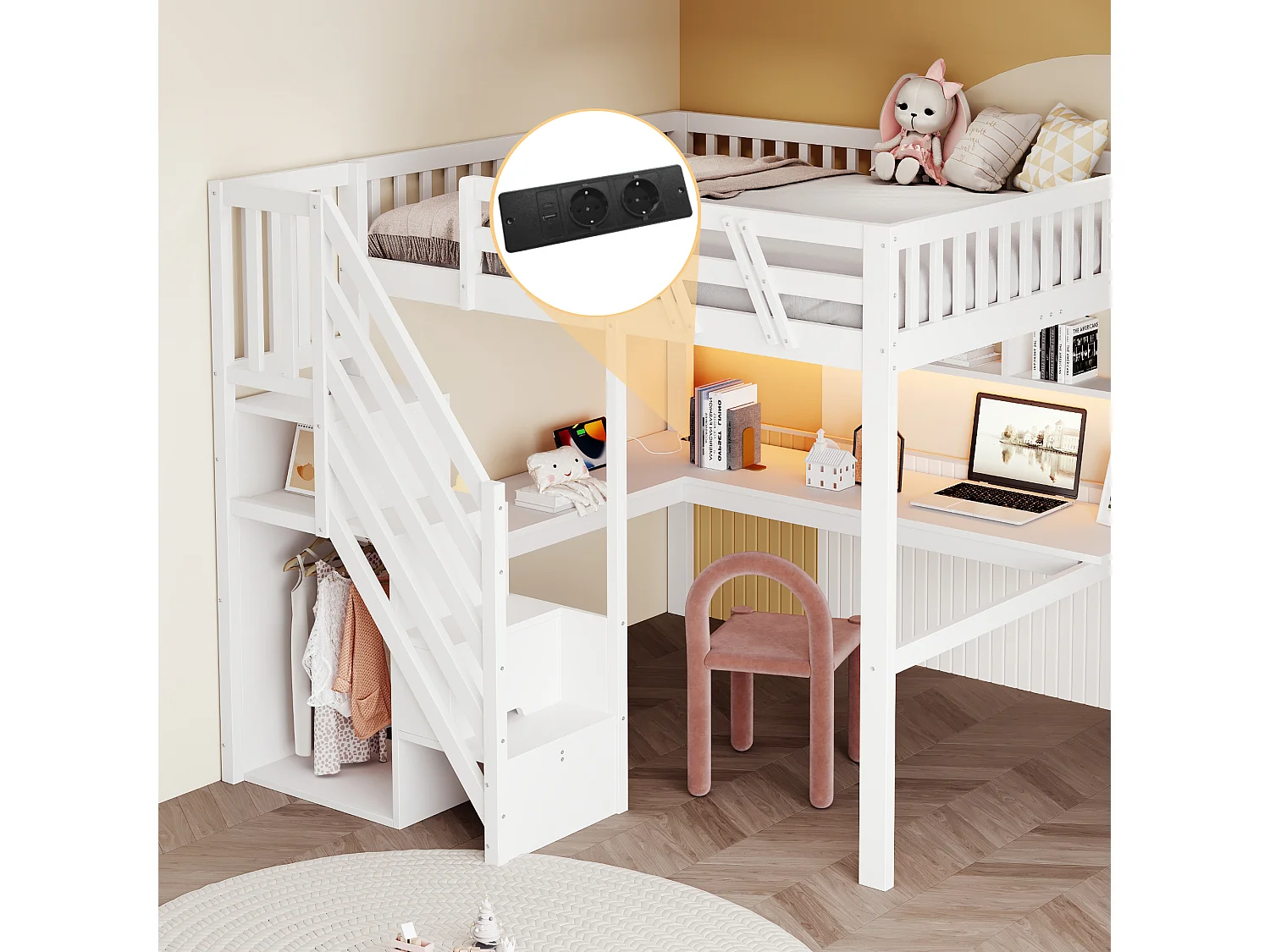 Lit mezzanine enfant - 140 x 200 cm - avec escalier de rangement + bureau + USB + Leds - bois - blanc