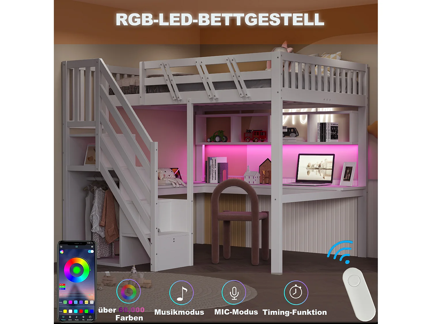 Lit mezzanine enfant - 140 x 200 cm - avec escalier de rangement + bureau + USB + Leds - bois - blanc