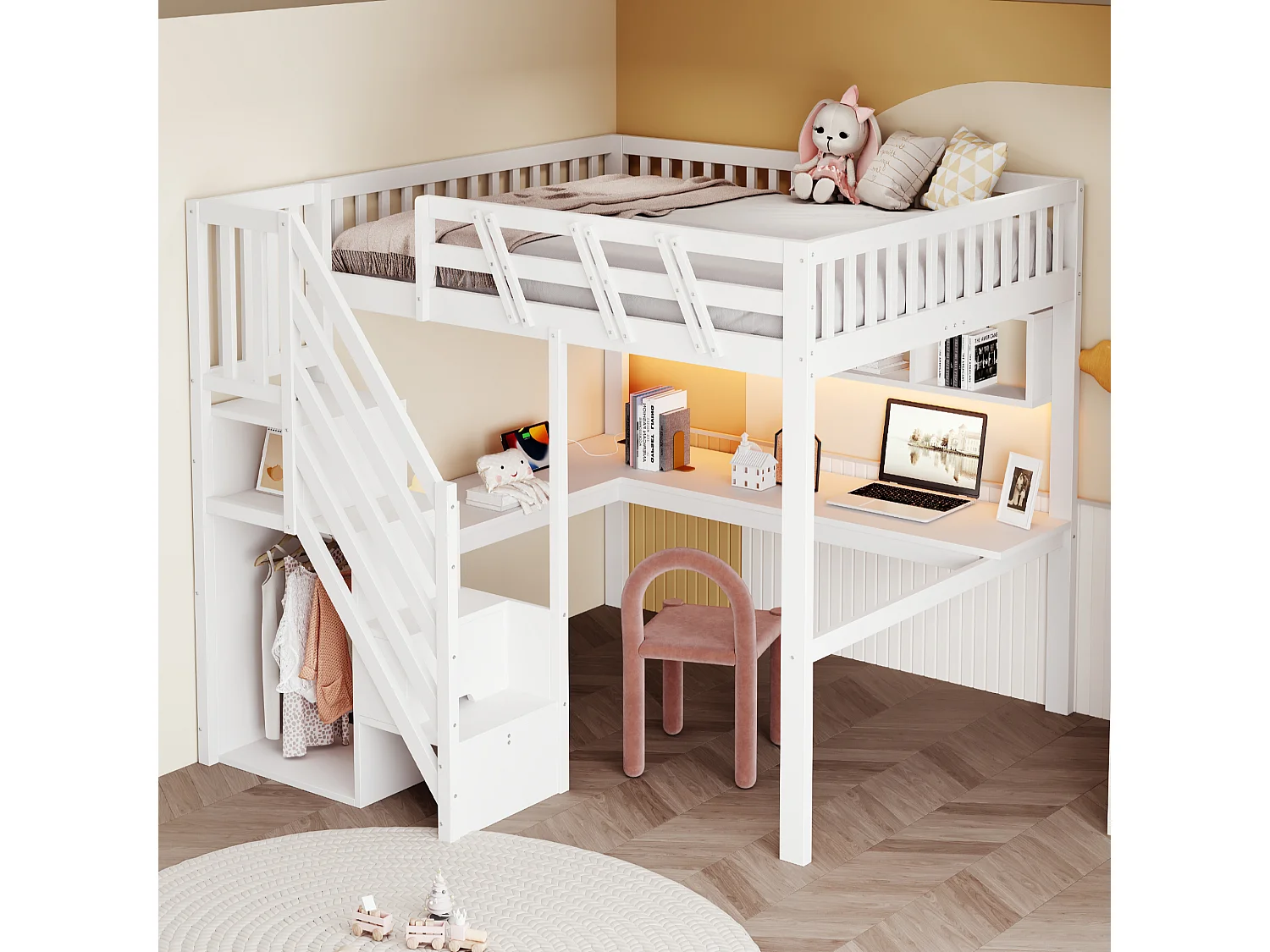 Lit mezzanine enfant - 140 x 200 cm - avec escalier de rangement + bureau + USB + Leds - bois - blanc