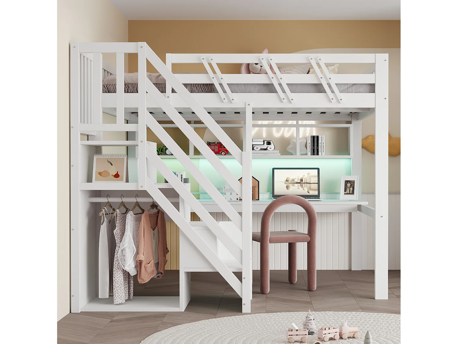 Lit mezzanine enfant - 140 x 200 cm - avec escalier de rangement + bureau + USB + Leds - bois - blanc