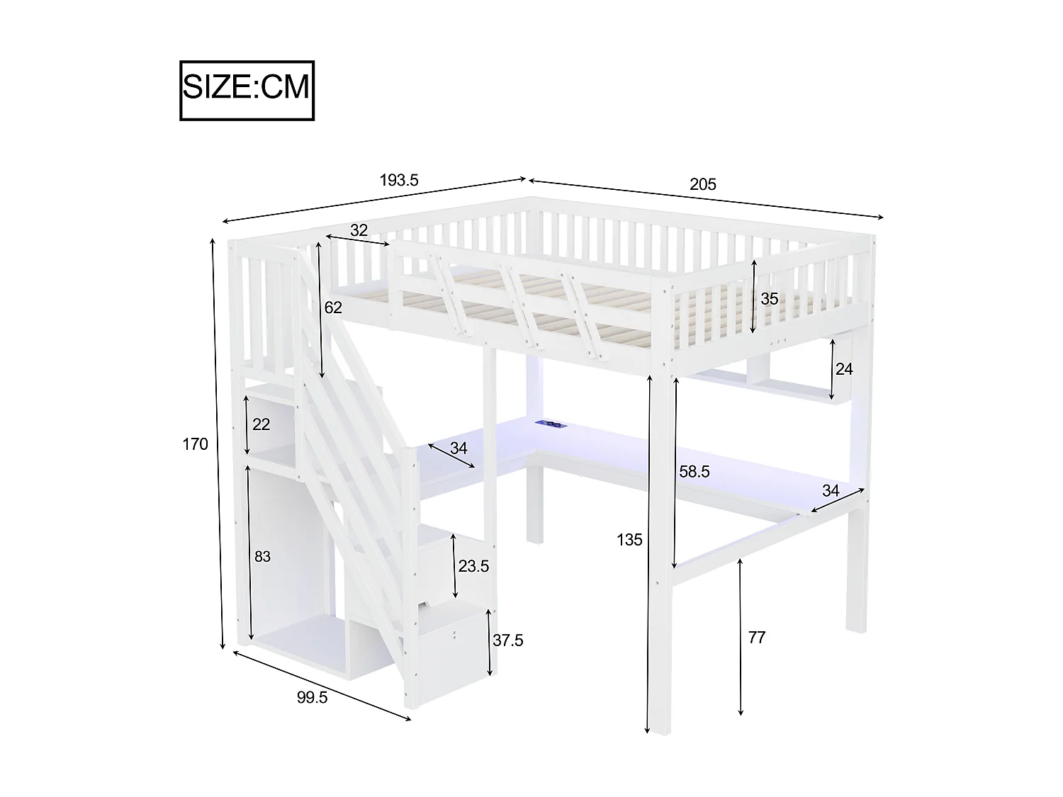 Lit mezzanine enfant - 140 x 200 cm - avec escalier de rangement + bureau + USB + Leds - bois - blanc