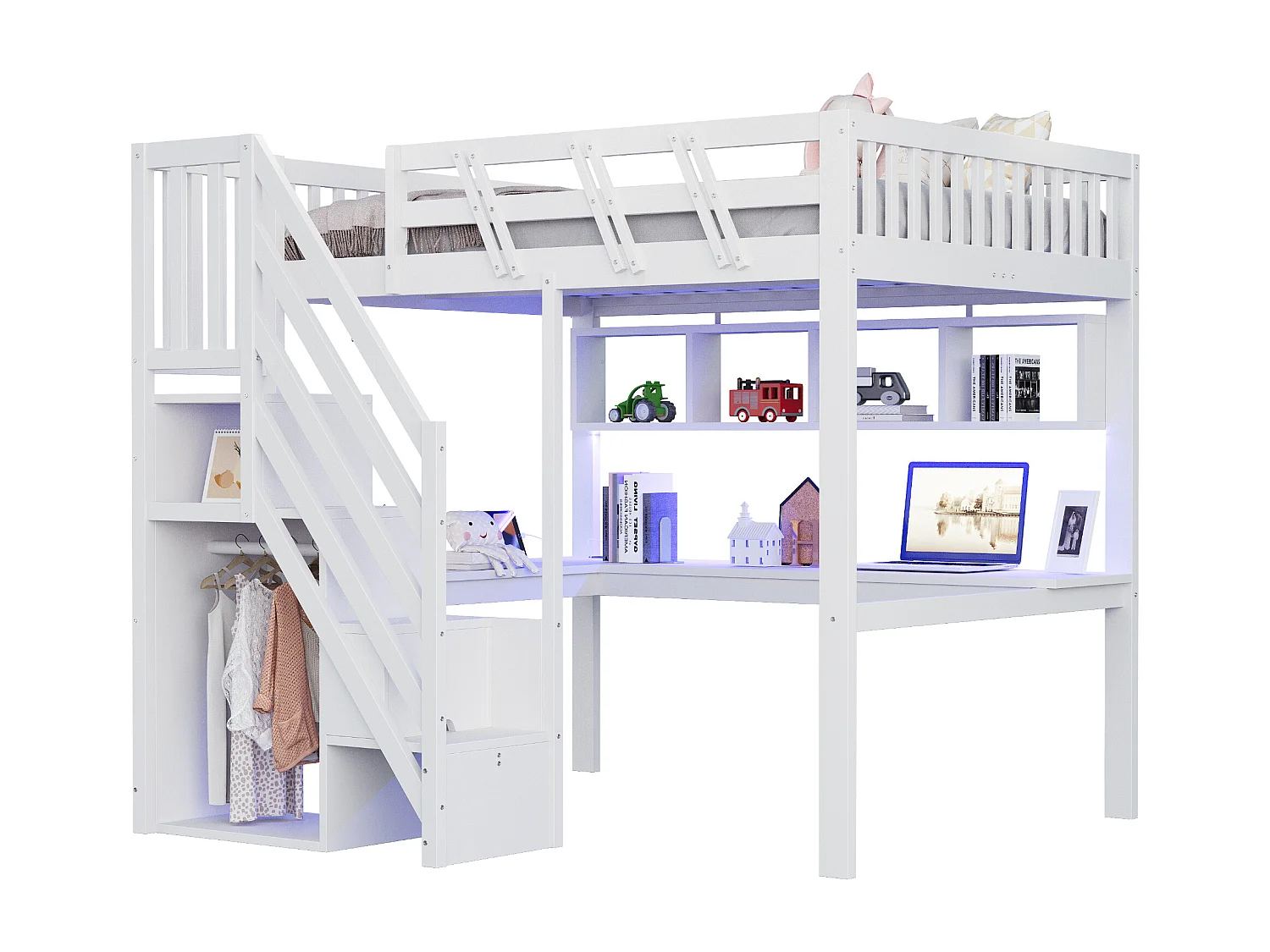 Lit mezzanine enfant - 140 x 200 cm - avec escalier de rangement + bureau + USB + Leds - bois - blanc