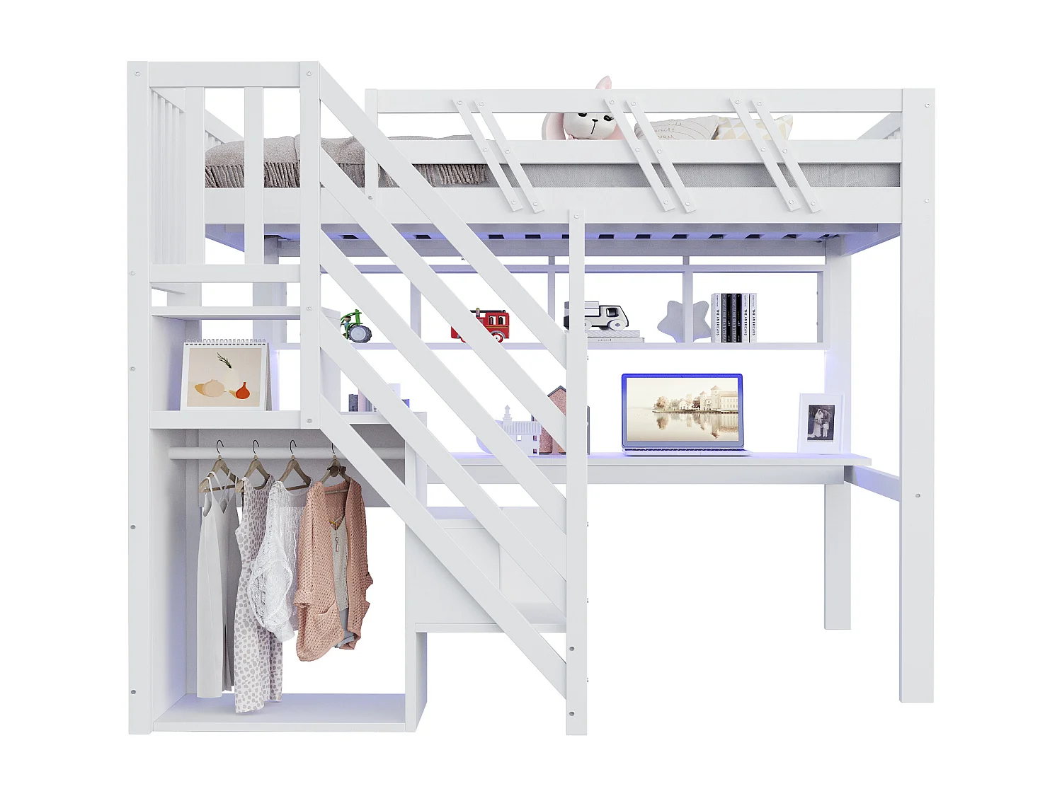 Lit mezzanine enfant - 140 x 200 cm - avec escalier de rangement + bureau + USB + Leds - bois - blanc