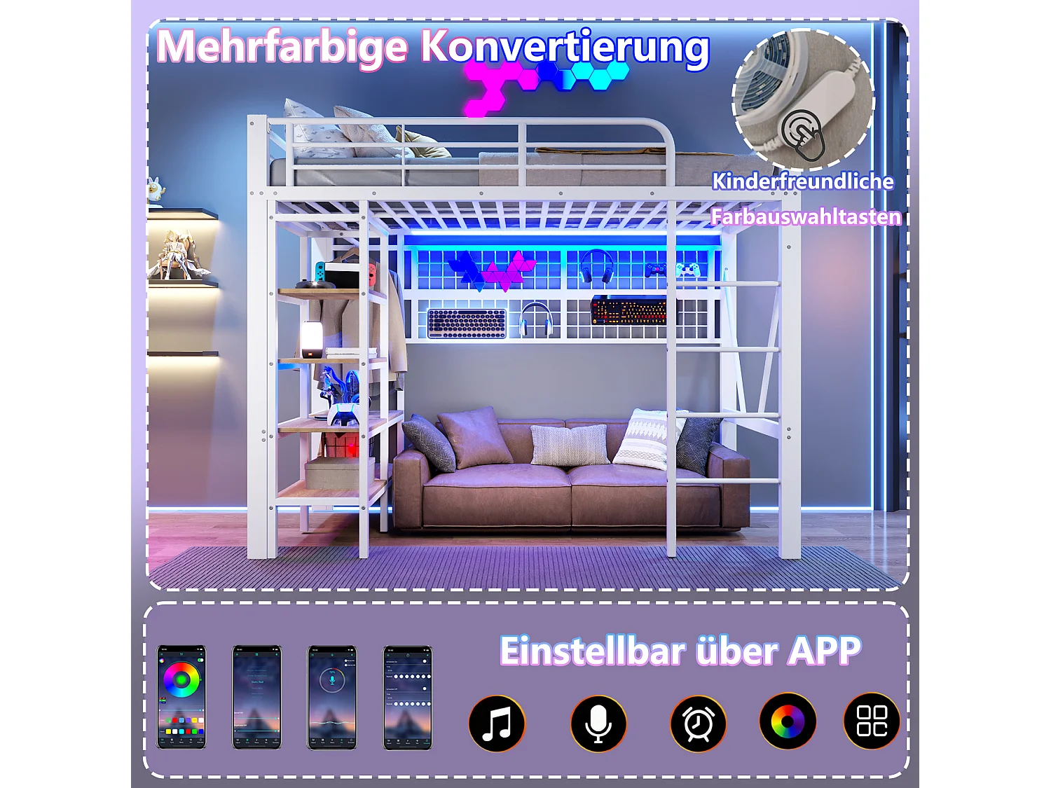 Lit mezzanine enfant - 90 x 200 cm - structure en fer - avec étagère de rangement + tringle à vêtements + Leds - métal - blanc