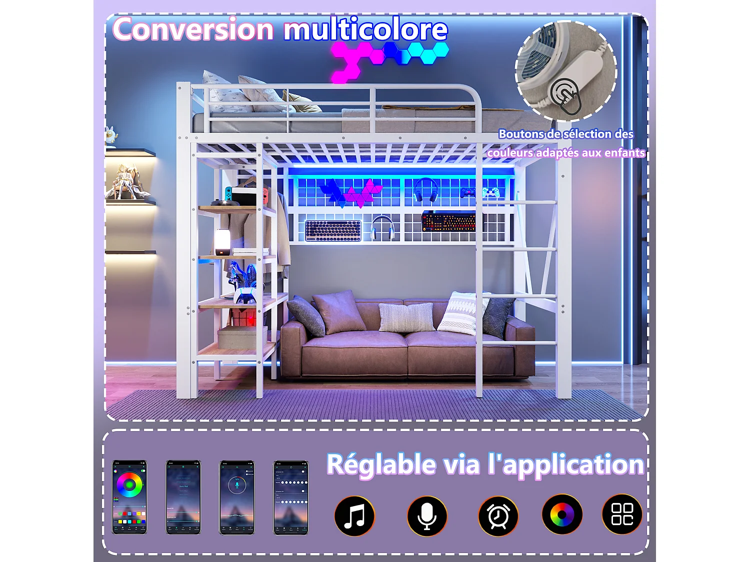 Lit mezzanine enfant - 90 x 200 cm - structure en fer - avec étagère de rangement + tringle à vêtements + Leds - métal - blanc