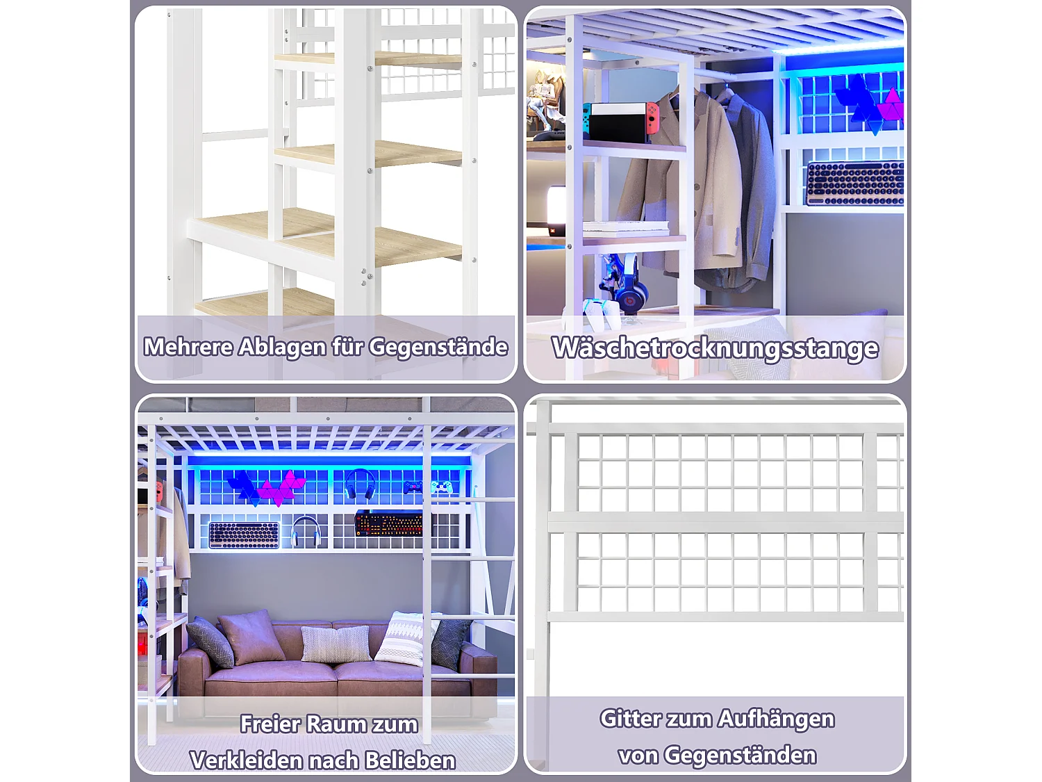 Lit mezzanine enfant - 90 x 200 cm - structure en fer - avec étagère de rangement + tringle à vêtements + Leds - métal - blanc