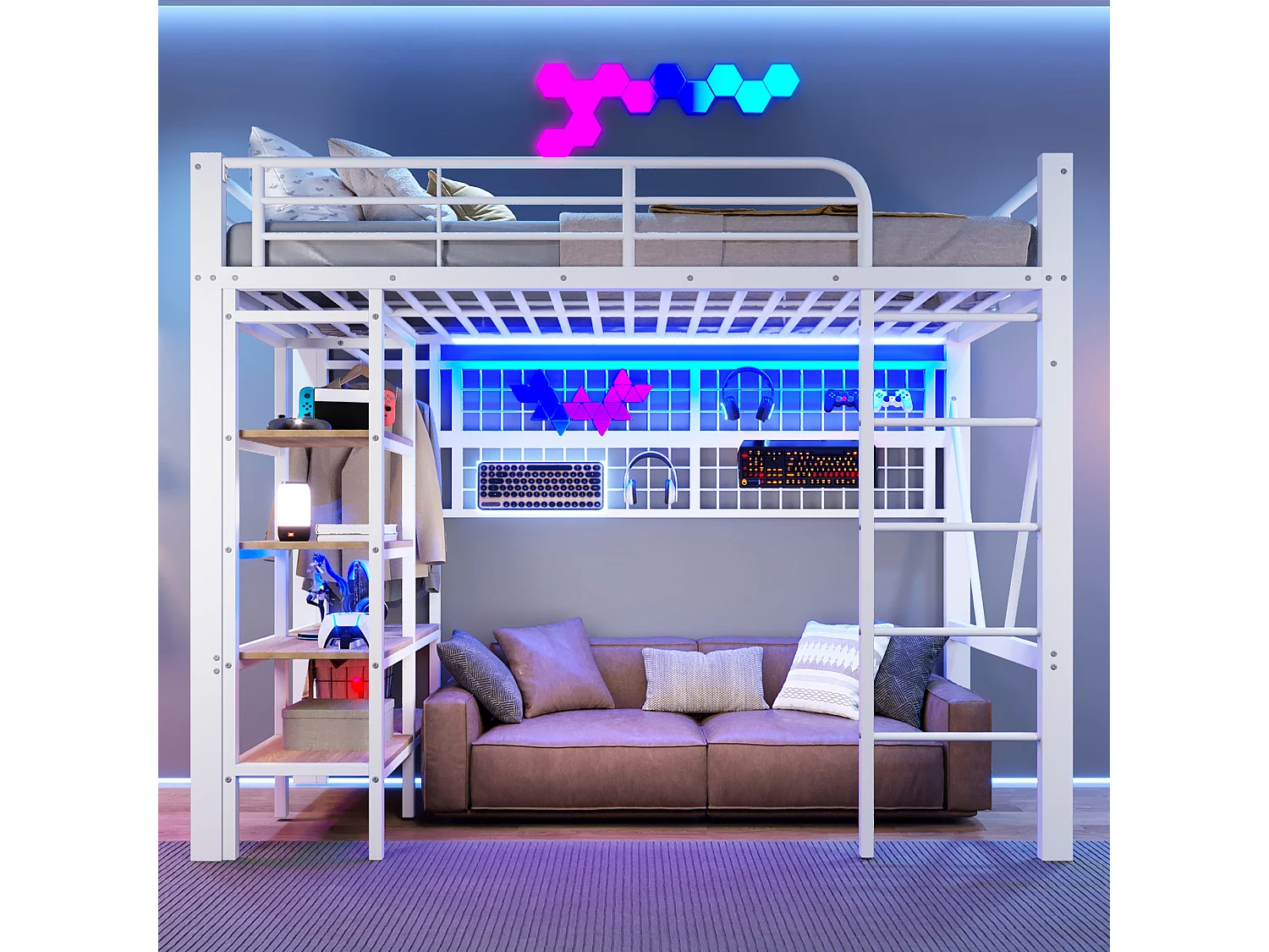 Lit mezzanine enfant - 90 x 200 cm - structure en fer - avec étagère de rangement + tringle à vêtements + Leds - métal - blanc