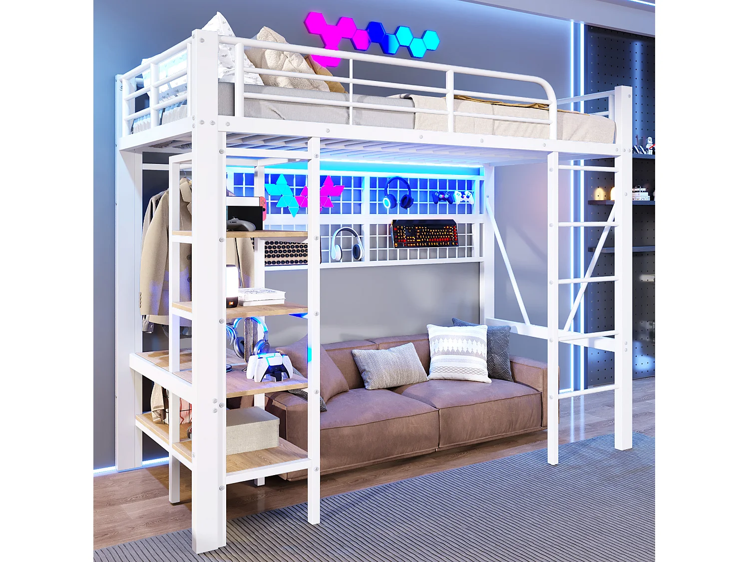 Lit mezzanine enfant - 90 x 200 cm - structure en fer - avec étagère de rangement + tringle à vêtements + Leds - métal - blanc