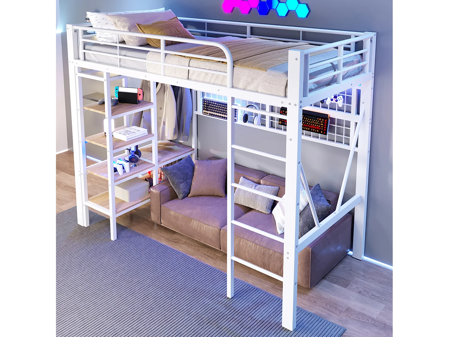 Lit mezzanine enfant - 90 x 200 cm - structure en fer - avec étagère de rangement + tringle à vêtements + Leds - métal - blanc
