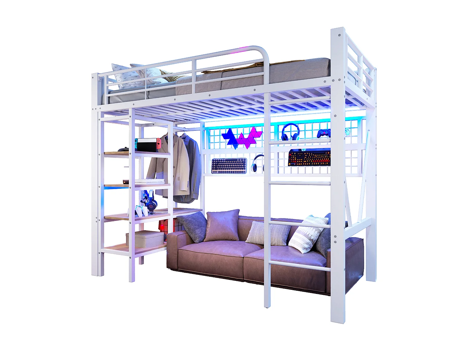 Lit mezzanine enfant - 90 x 200 cm - structure en fer - avec étagère de rangement + tringle à vêtements + Leds - métal - blanc
