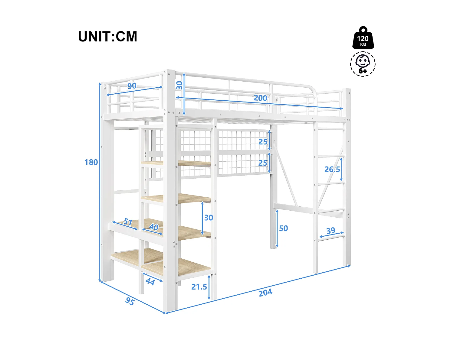 Lit mezzanine enfant - 90 x 200 cm - structure en fer - avec étagère de rangement + tringle à vêtements + Leds - métal - blanc
