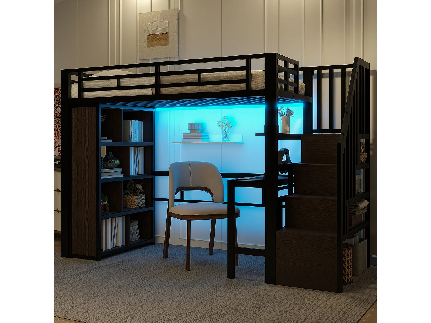 Lit mezzanine enfant - 90 x 200 cm - structure en fer - avec bureau + bibliothèque + Leds + escalier de rangement - métal - noir