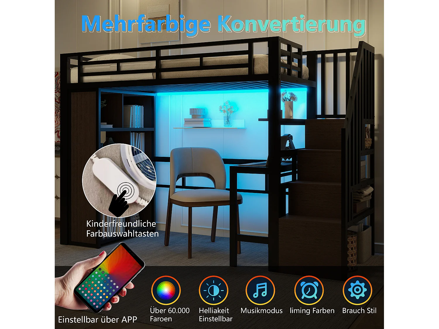 Lit mezzanine enfant - 90 x 200 cm - structure en fer - avec bureau + bibliothèque + Leds + escalier de rangement - métal - noir