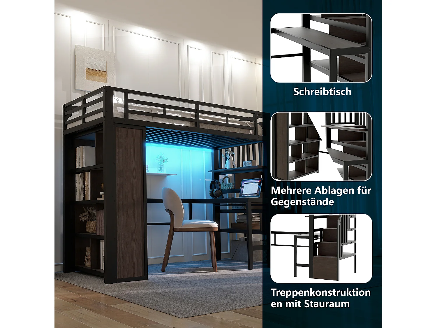 Lit mezzanine enfant - 90 x 200 cm - structure en fer - avec bureau + bibliothèque + Leds + escalier de rangement - métal - noir