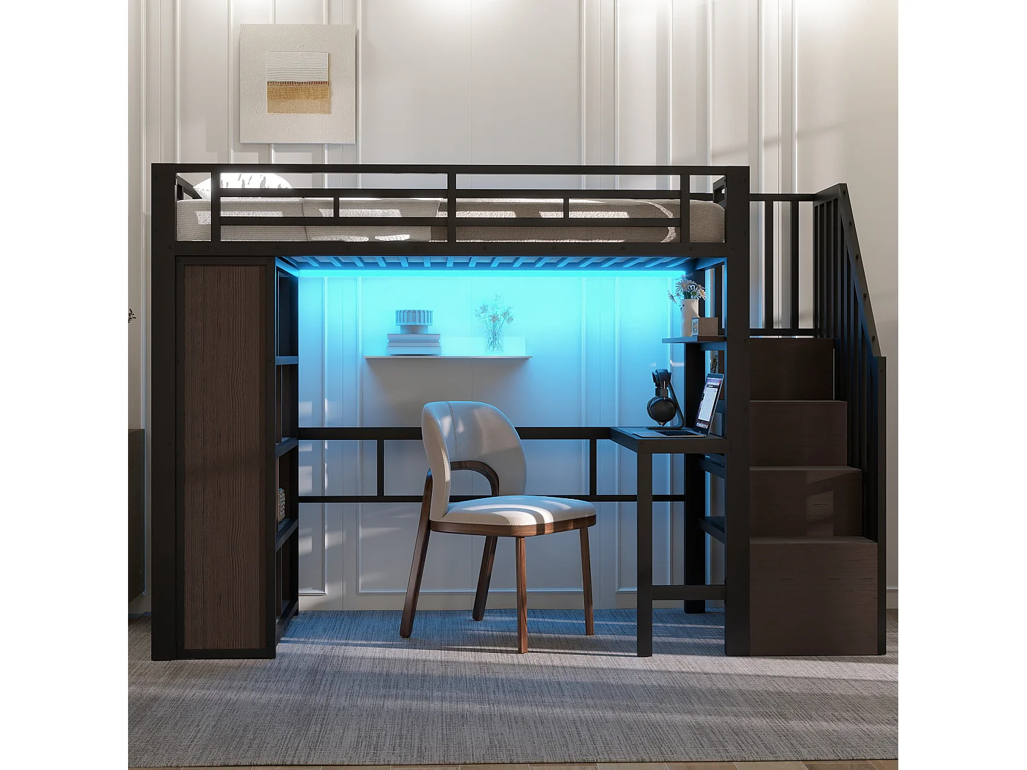 Lit mezzanine enfant - 90 x 200 cm - structure en fer - avec bureau + bibliothèque + Leds + escalier de rangement - métal - noir