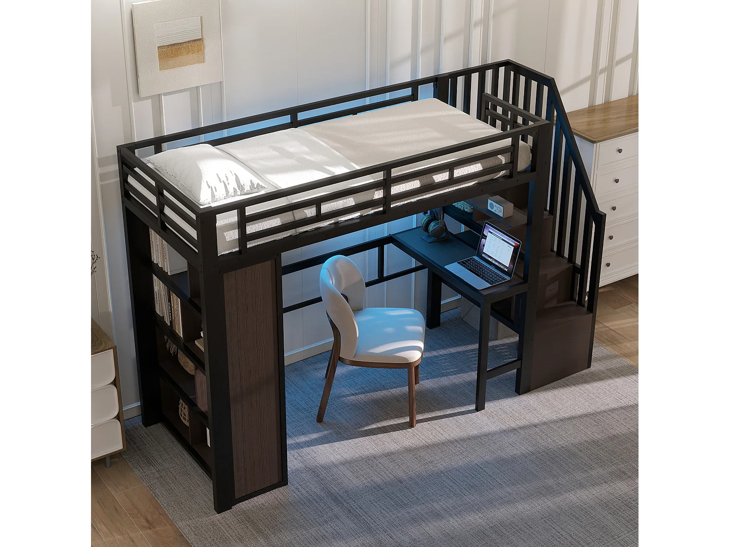 Lit mezzanine enfant - 90 x 200 cm - structure en fer - avec bureau + bibliothèque + Leds + escalier de rangement - métal - noir