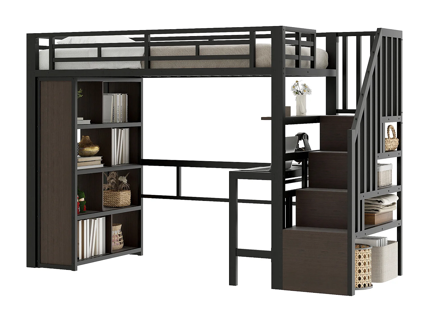 Lit mezzanine enfant - 90 x 200 cm - structure en fer - avec bureau + bibliothèque + Leds + escalier de rangement - métal - noir
