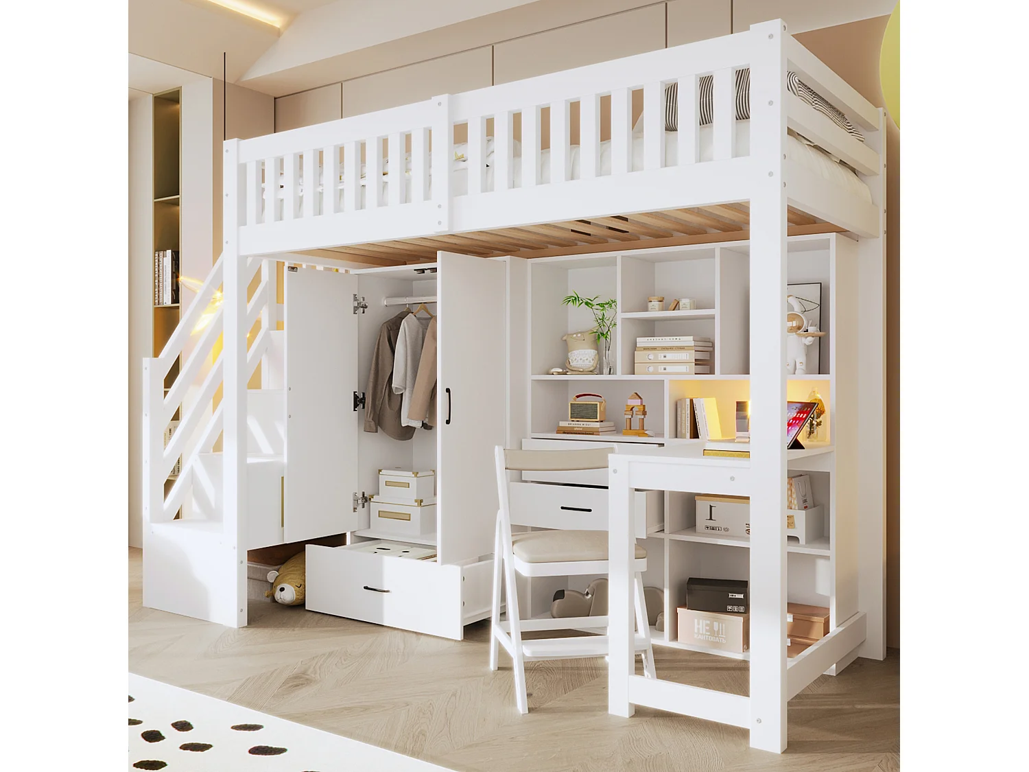 Lit mezzanine enfant - 90 x 200 cm - avec échelle de rangement + armoire + bureau + tiroirs + étagère de rangement - bois - blanc
