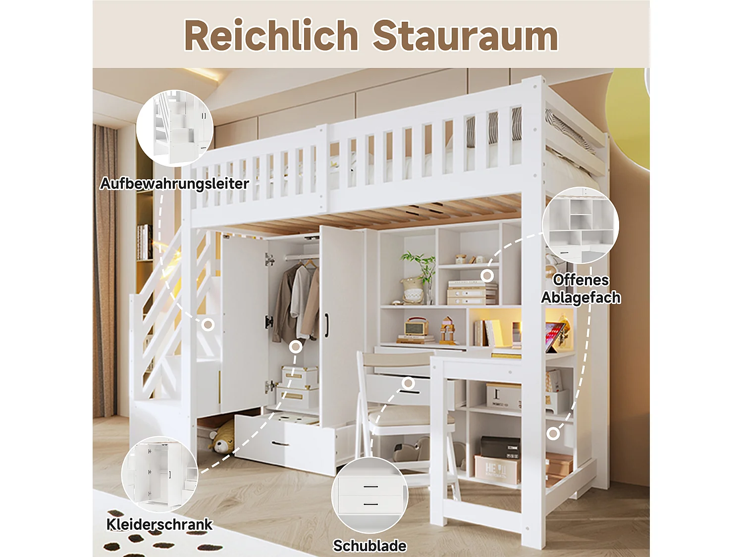 Lit mezzanine enfant - 90 x 200 cm - avec échelle de rangement + armoire + bureau + tiroirs + étagère de rangement - bois - blanc