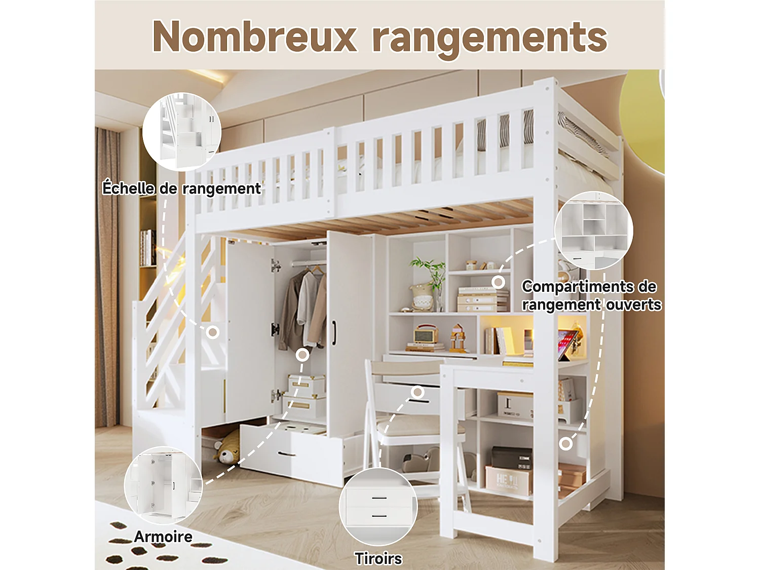 Lit mezzanine enfant - 90 x 200 cm - avec échelle de rangement + armoire + bureau + tiroirs + étagère de rangement - bois - blanc