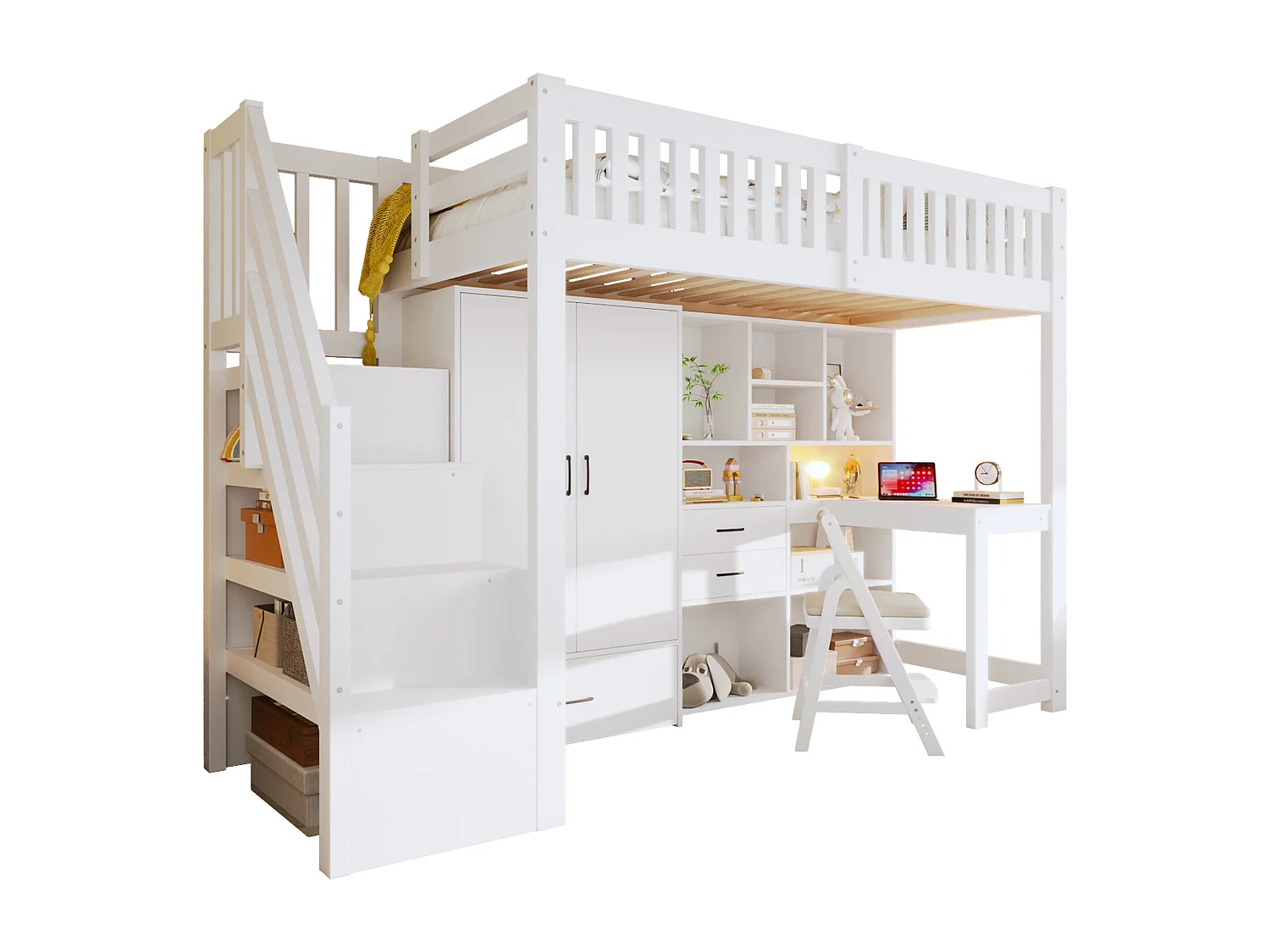 Lit mezzanine enfant - 90 x 200 cm - avec échelle de rangement + armoire + bureau + tiroirs + étagère de rangement - bois - blanc