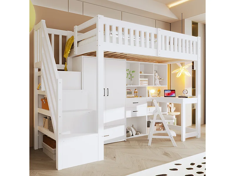 Lit mezzanine enfant - 90 x 200 cm - avec échelle de rangement + armoire + bureau + tiroirs + étagère de rangement - bois - blanc