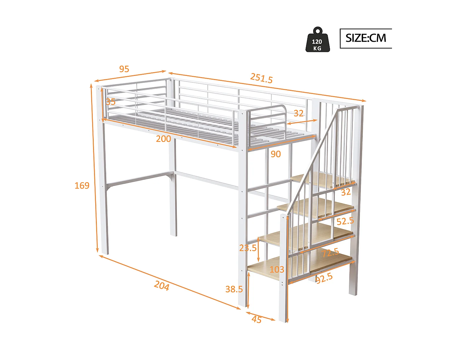 Lit mezzanine enfant - 90 x 200 - construction métallique robuste avec rangement - bois + Métal - blanc
