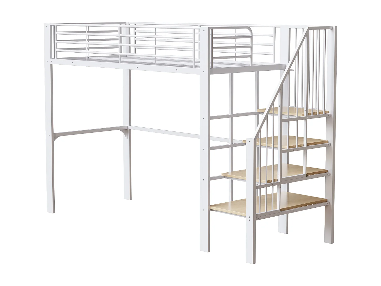 Lit mezzanine enfant - 90 x 200 - construction métallique robuste avec rangement - bois + Métal - blanc