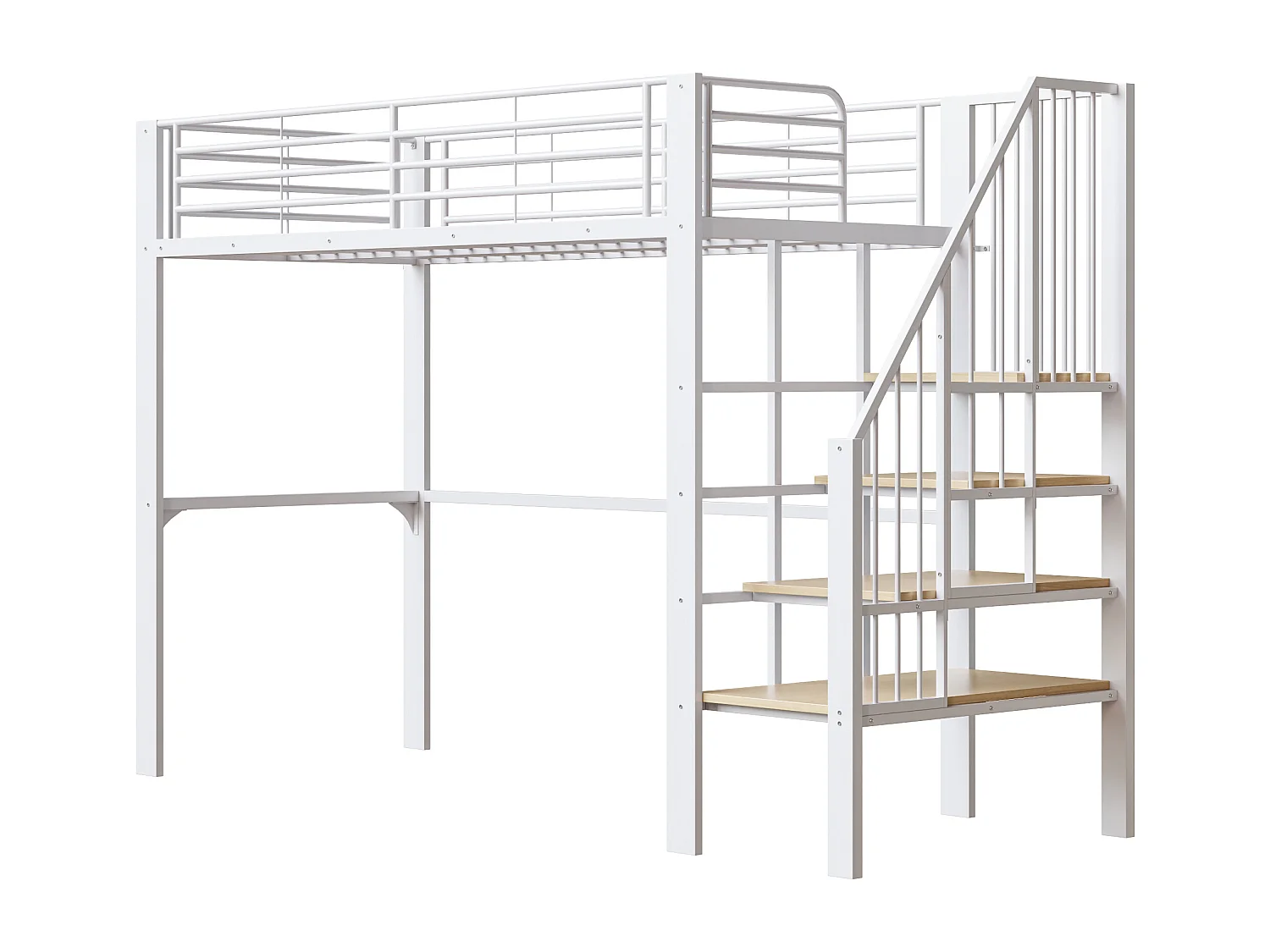 Lit mezzanine enfant - 90 x 200 - construction métallique robuste avec rangement - bois + Métal - blanc