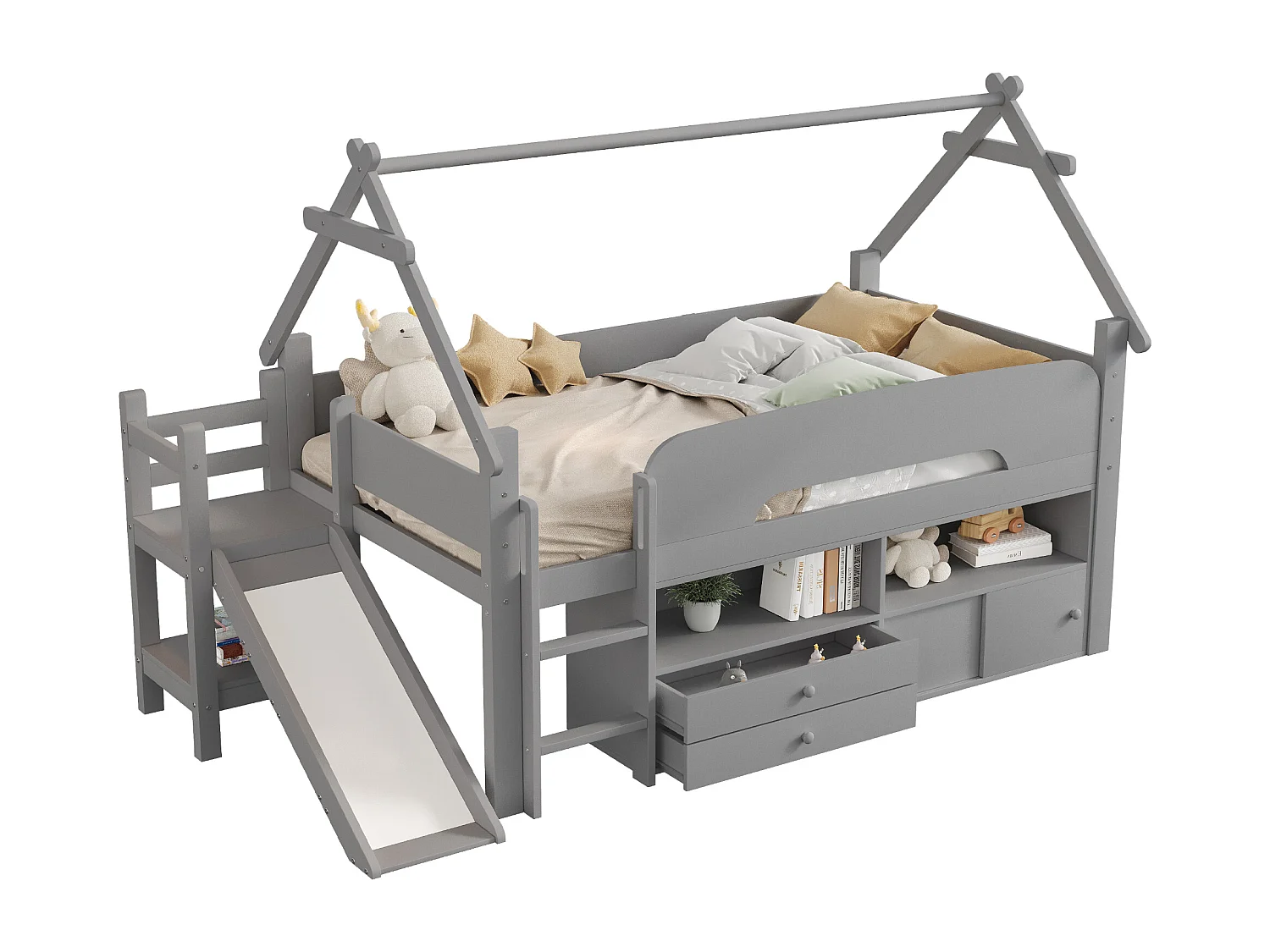 Lit mi hauteur pour enfant - 90 x 200 cm - structure en forme de toit - avec toboggan + tiroirs - bois - gris