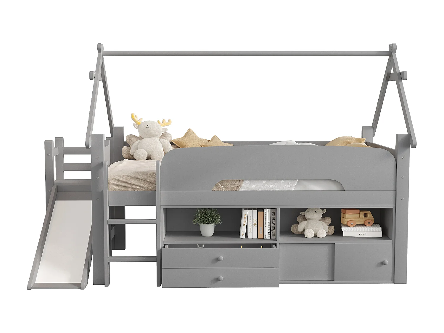 Lit mi hauteur pour enfant - 90 x 200 cm - structure en forme de toit - avec toboggan + tiroirs - bois - gris