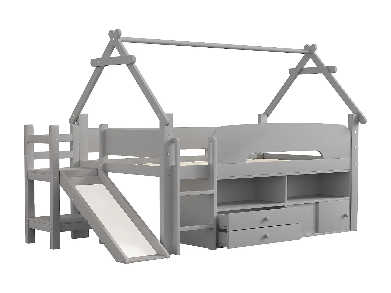 Lit mi hauteur pour enfant - 90 x 200 cm - structure en forme de toit - avec toboggan + tiroirs - bois - gris