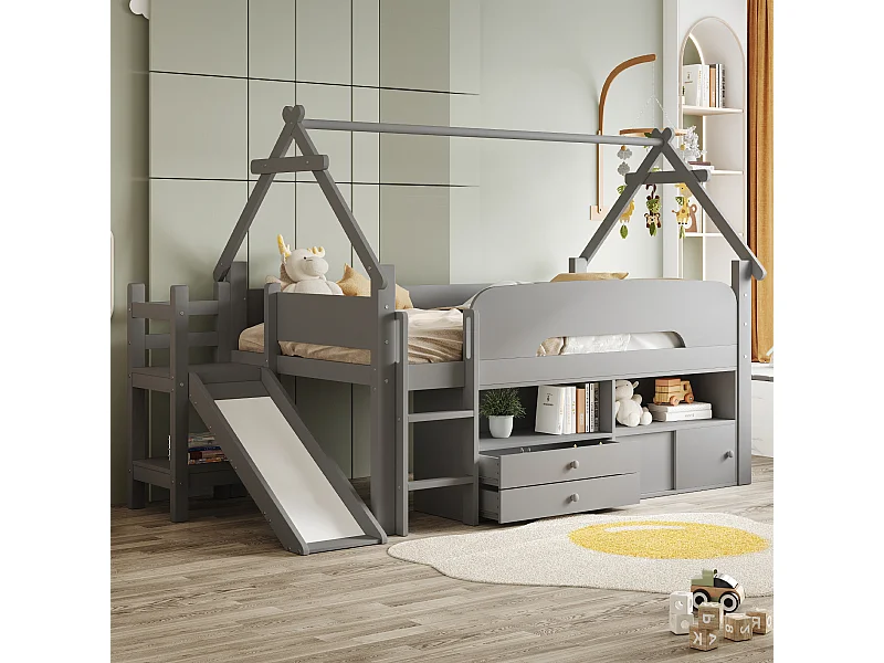 Lit mi hauteur pour enfant - 90 x 200 cm - structure en forme de toit - avec toboggan + tiroirs - bois - gris
