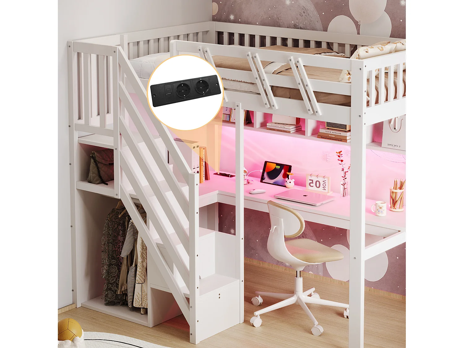 Lit mezzanine enfant - 90 x 200 cm - avec escalier de rangement + bureau + USB + Leds - bois - blanc