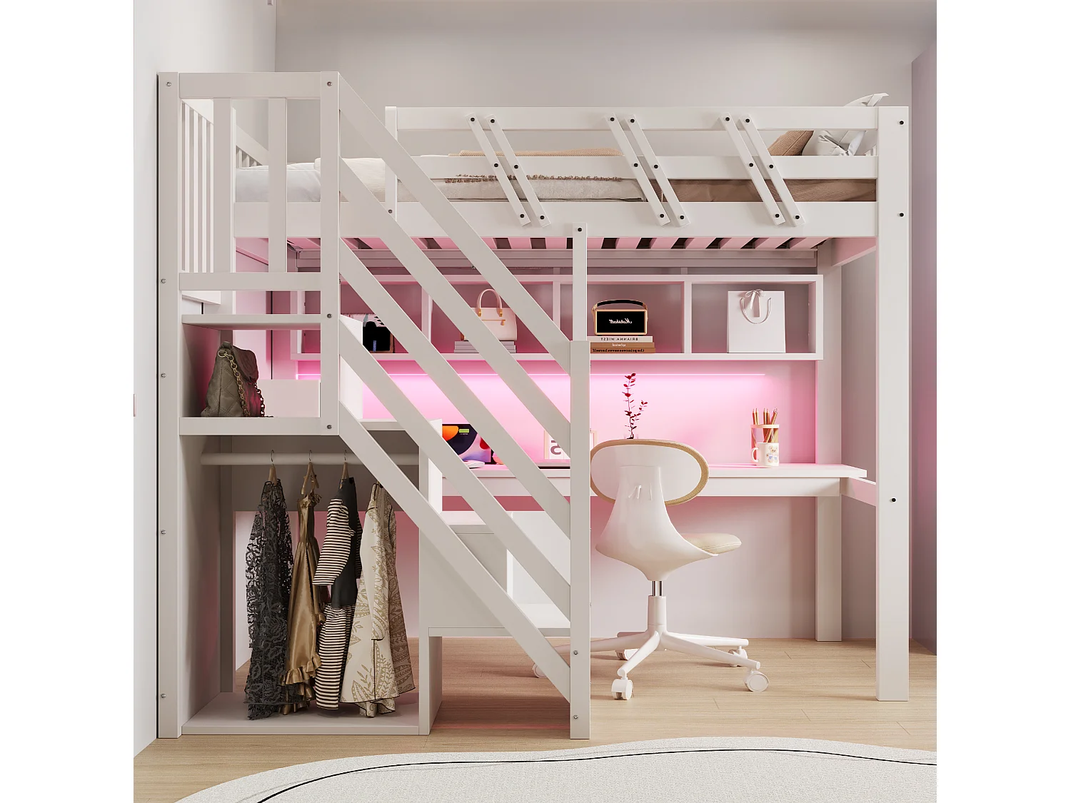 Lit mezzanine enfant - 90 x 200 cm - avec escalier de rangement + bureau + USB + Leds - bois - blanc