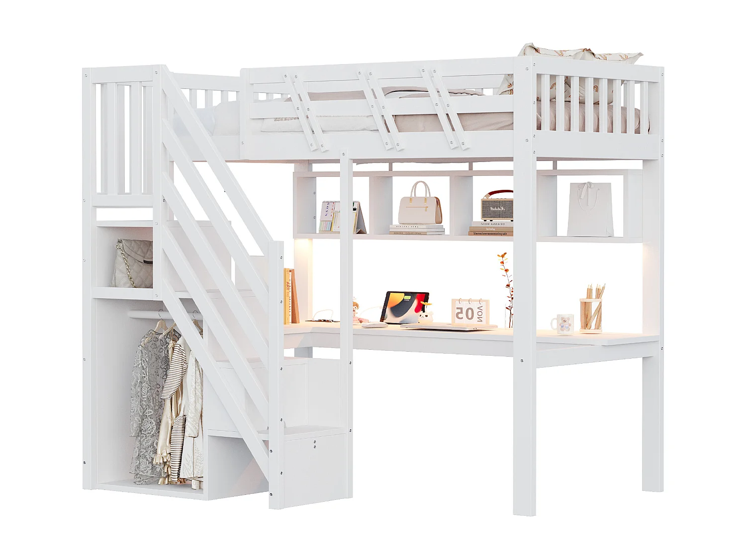 Lit mezzanine enfant - 90 x 200 cm - avec escalier de rangement + bureau + USB + Leds - bois - blanc