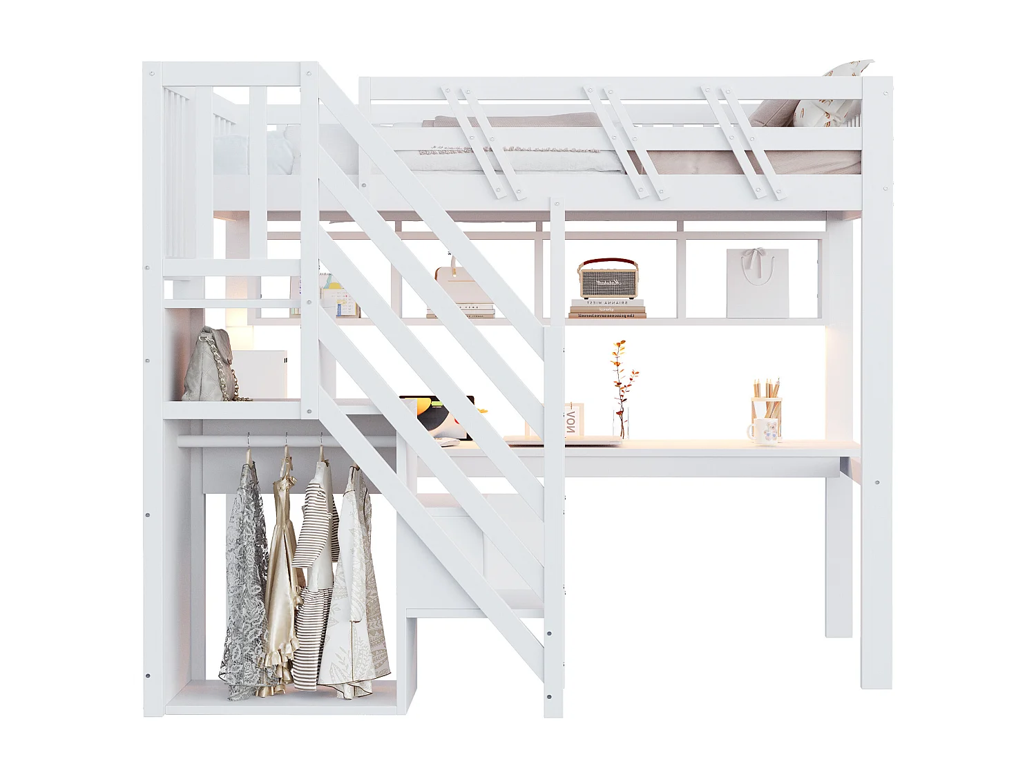 Lit mezzanine enfant - 90 x 200 cm - avec escalier de rangement + bureau + USB + Leds - bois - blanc