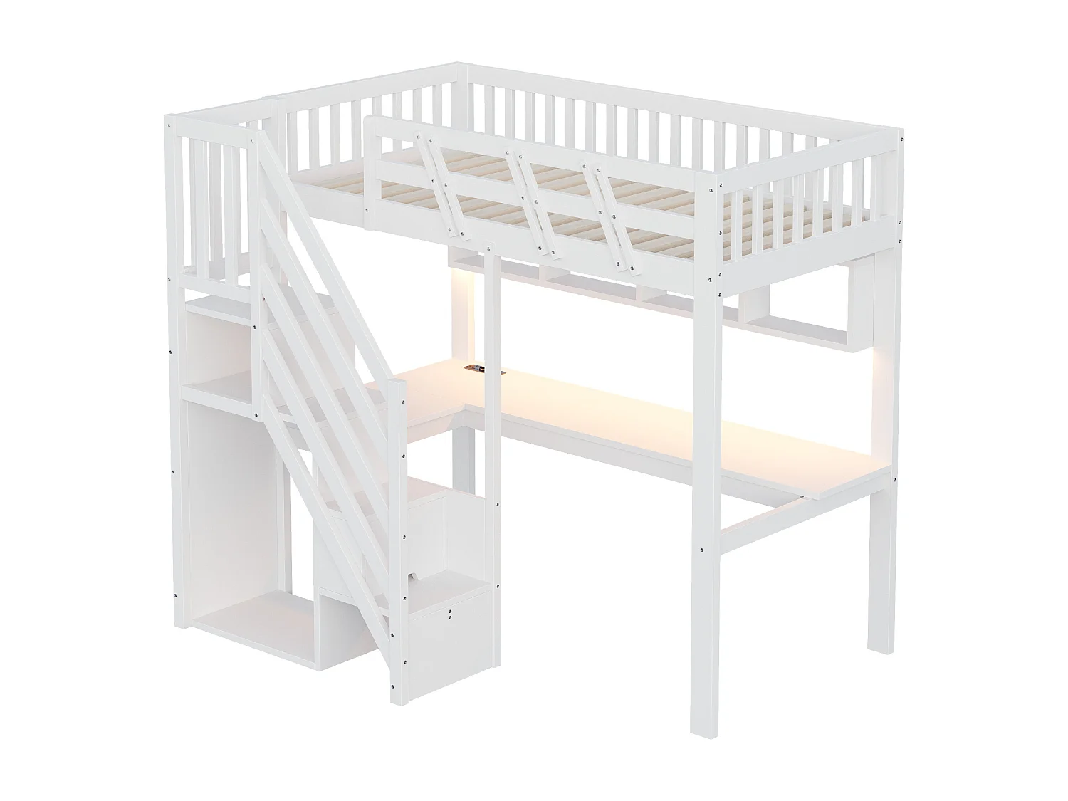 Lit mezzanine enfant - 90 x 200 cm - avec escalier de rangement + bureau + USB + Leds - bois - blanc