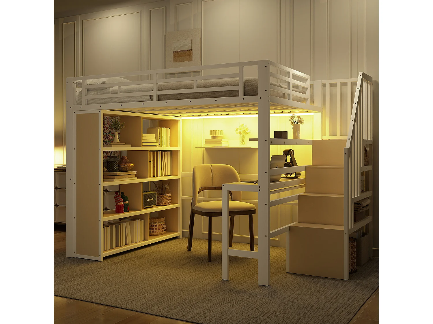 Lit mezzanine enfant - 140 x 200 cm - structure en fer - avec bureau + bibliothèque + Leds + escalier de rangement - métal - blanc