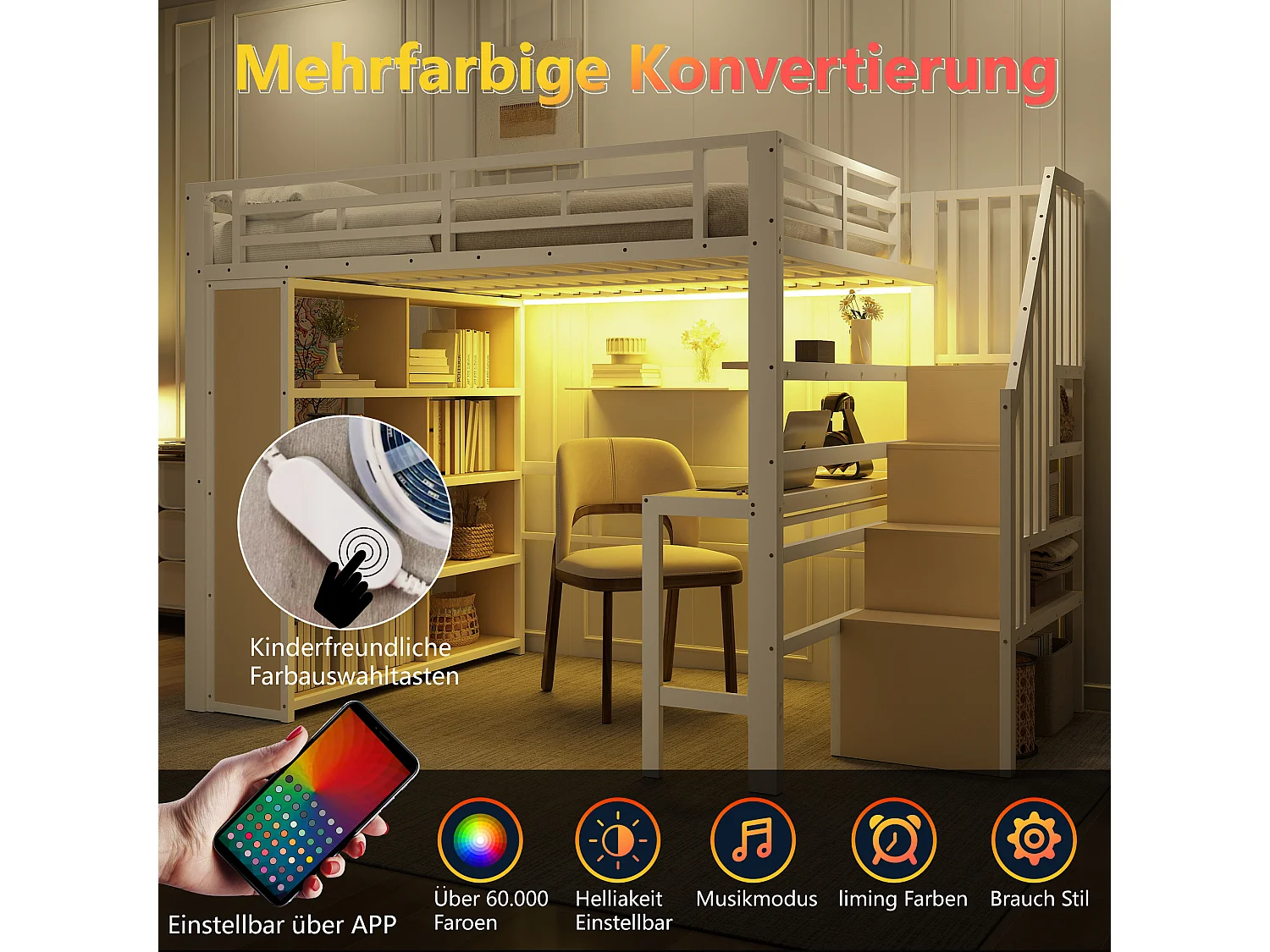 Lit mezzanine enfant - 140 x 200 cm - structure en fer - avec bureau + bibliothèque + Leds + escalier de rangement - métal - blanc