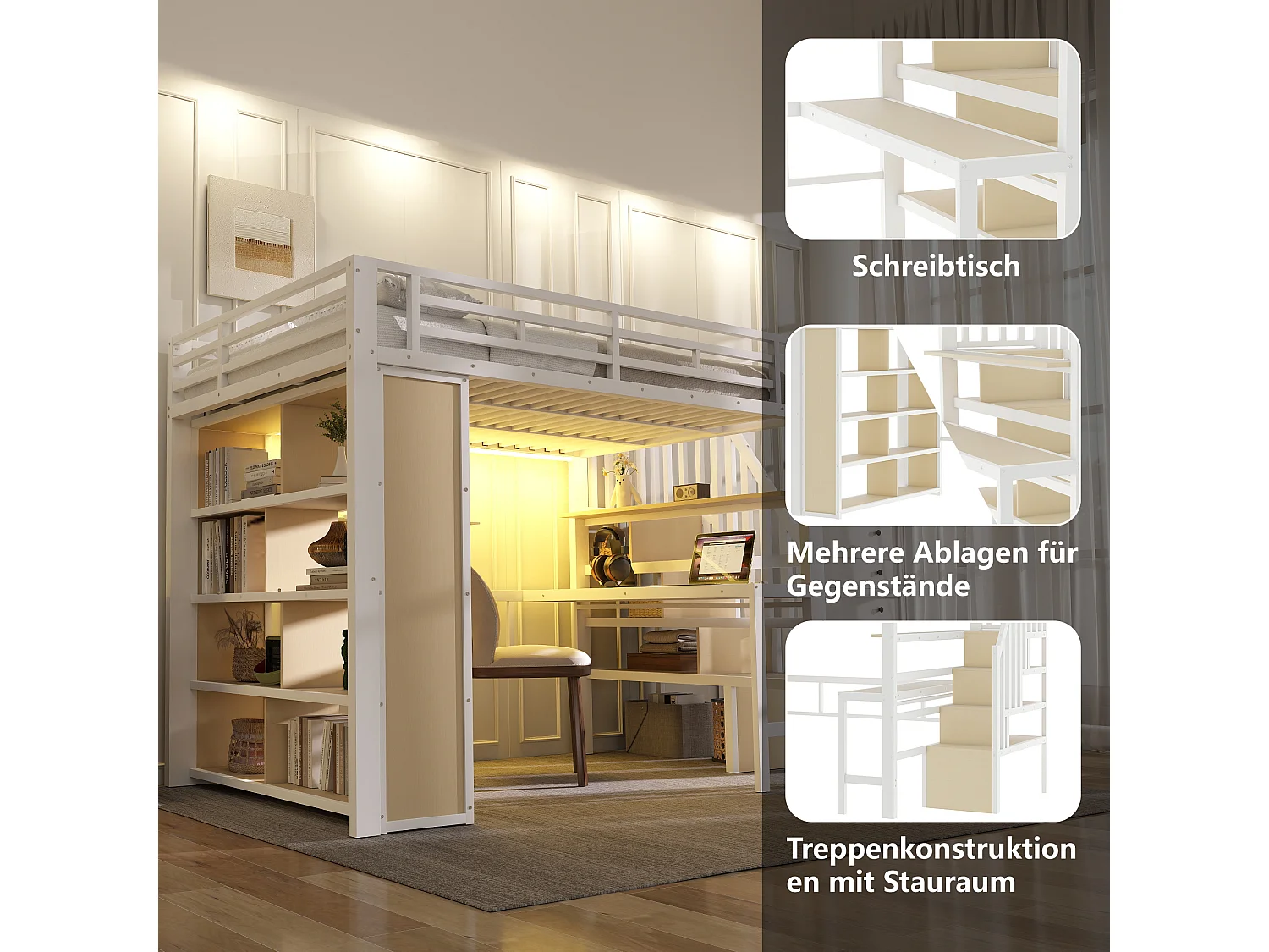Lit mezzanine enfant - 140 x 200 cm - structure en fer - avec bureau + bibliothèque + Leds + escalier de rangement - métal - blanc
