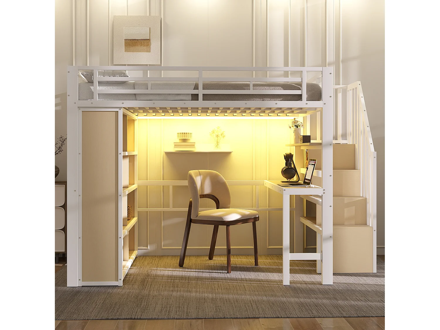 Lit mezzanine enfant - 140 x 200 cm - structure en fer - avec bureau + bibliothèque + Leds + escalier de rangement - métal - blanc